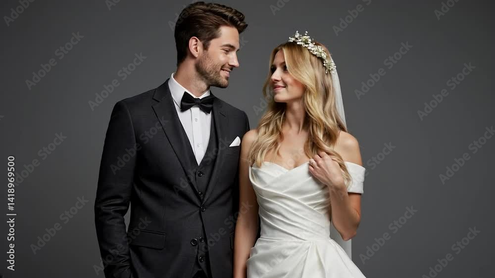 Elegant couple showcases wedding attire in a studio with neutral backdrop during a fashion shoot Elegant couple showcases wedding attire in a studio with neutral backdrop during a fashion shoot