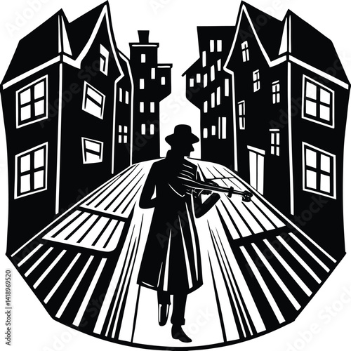 Silhouette of Violinist in City Street: Black and White Woodcut Style Illustration of Musician Playing Violin in Urban Setting