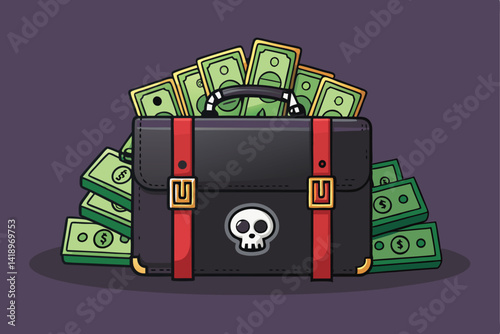A vector illustration of an overflowing briefcase bursting with cash, depicting wealth and success, possibly hinting at shady dealings.