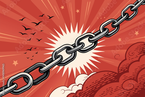 Create a dynamic vector illustration of several broken chains flying apart in mid-air, symbolizing freedom and liberation.  Emphasis on sharp, metallic details.