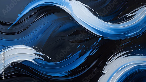 abstract painted background with bold white brushstrokes swirling over rich black and deep blue hues, high-contrast textured design, modern artistic visual for dynamic creative use HD