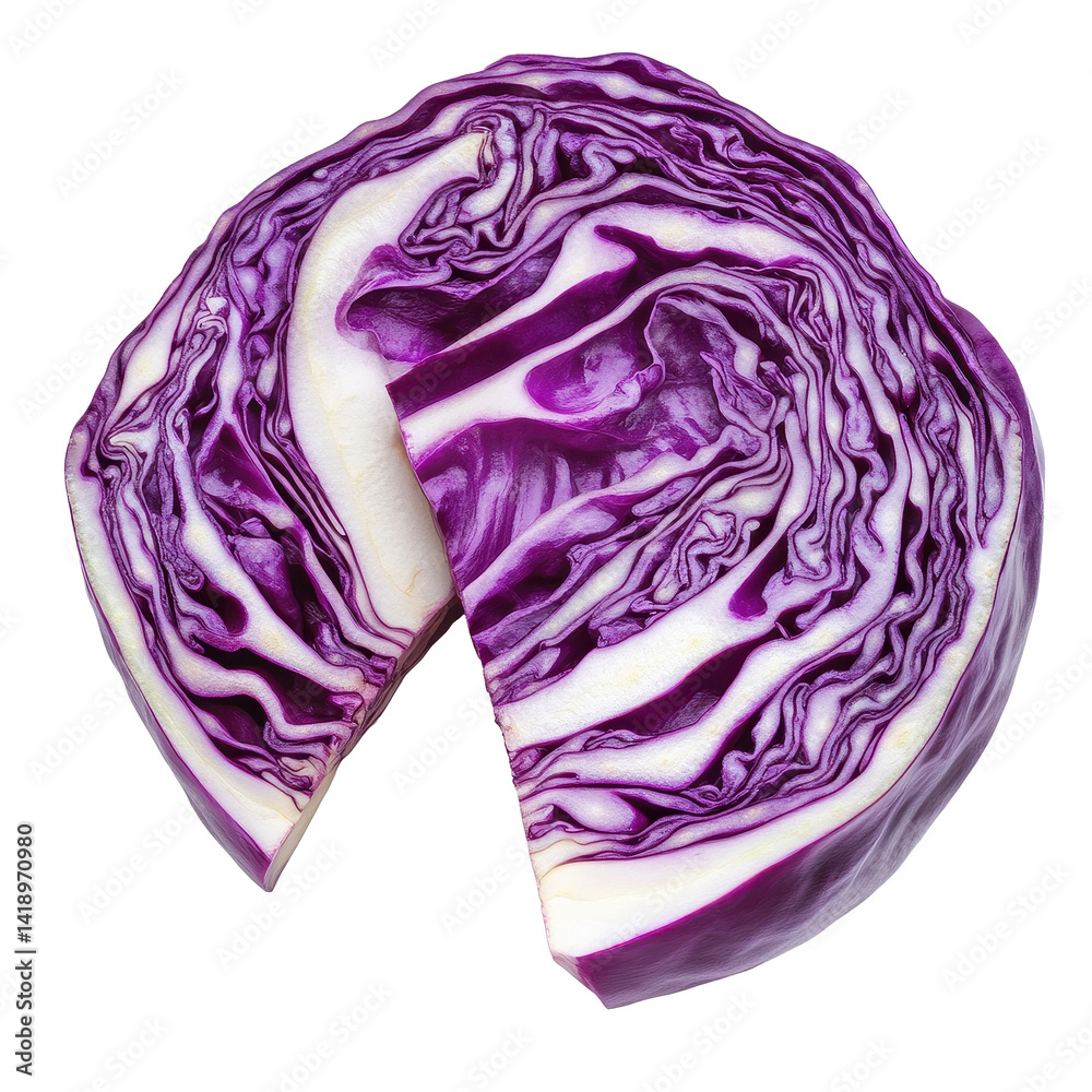 Obraz premium Sliced purple cabbage on a Transparent background showcasing vibrant colors and textures, Slice cabbage isolated on PNG background