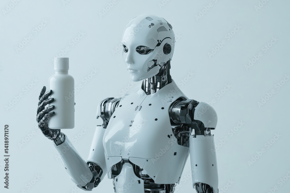 The humanoid robot holding a white bottle. The humanoid robot holding a white bottle.