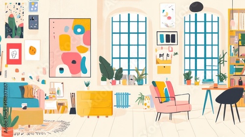 Colorful apartment interior with furniture, plants, and artwork.