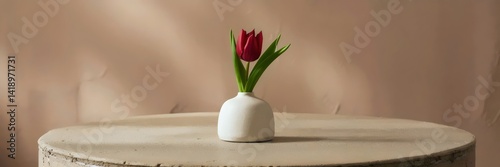 Wallpaper Mural Crimson tulip in ceramic vase on sand-colored table – Ideal for modern home decor visuals, floral art prints, or interior design showcases. Torontodigital.ca