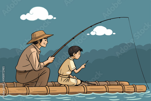 A young boy intently learns to fish from his father, using traditional bamboo fishing rods, bonding amidst nature's serene beauty.
