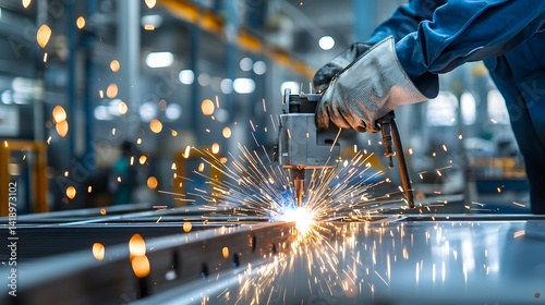 A welder skillfully crafting a heavy steel frame with the reflection of bright sparks visible on a nearby metal sheet in the industrial workshop setting