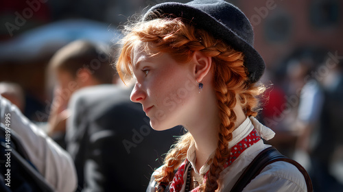 Mädchen mit geflochtenen Zöpfen und Hut bei traditionellem Volksfest
 photo