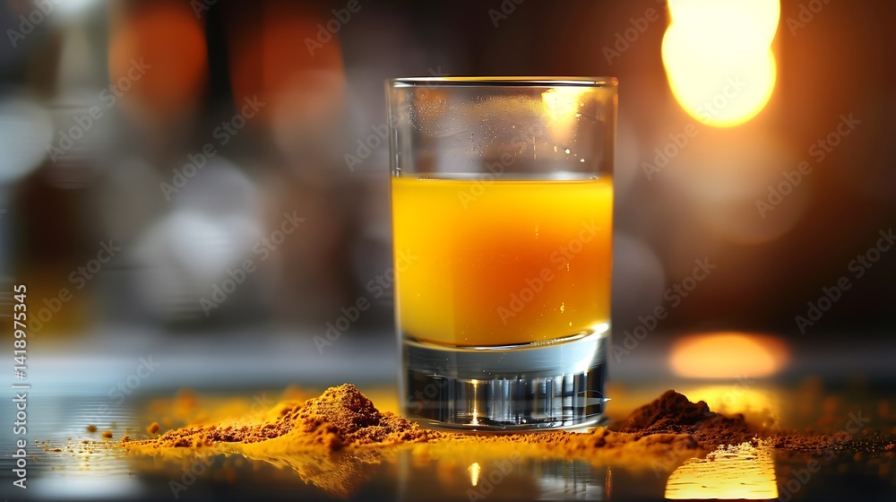 Bright Orange Beverage in Glass with Spices on Reflective Surface in Warm Lighting
