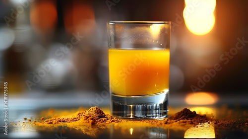 Bright Orange Beverage in Glass with Spices on Reflective Surface in Warm Lighting
