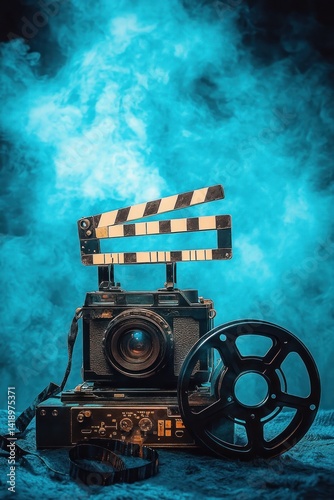 Vintage film camera clapperboard and film reels with dramatic lighting and blue mist background classic cinema still life