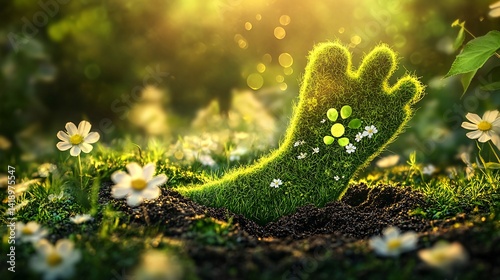 Green foot emerging from soil, sunlight, daisies, eco-friendly concept