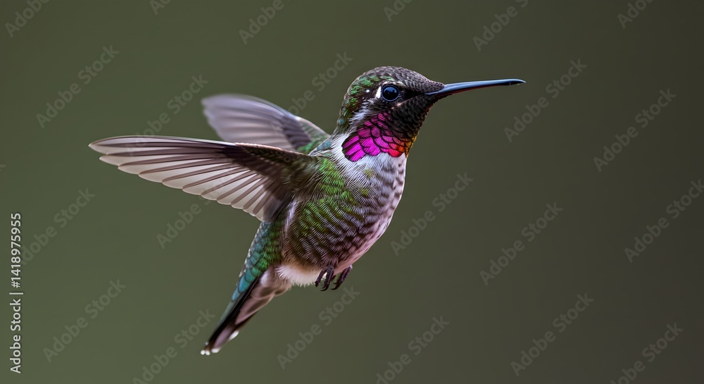 Naklejka premium Majestic hummingbird displaying iridescent gorget feathers during mid flight