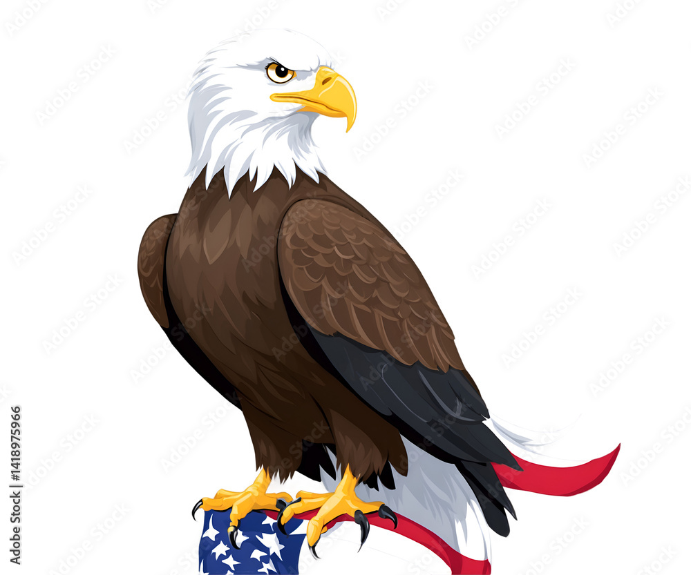 Fototapeta premium Patriotic Eagle Illustration, A Bold Symbol of Freedom Perched on American Flag, Perfect for Patriotic Celebrations and National Holiday Illustrations