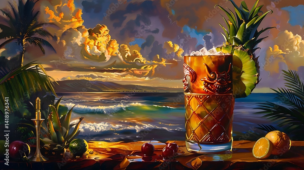 Refreshing Tropical Cocktail Imagery with Pineapple and Cherry Against Sunset Beach Background