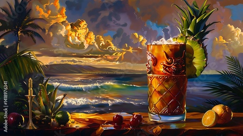 Obraz na płótnie Refreshing Tropical Cocktail Imagery with Pineapple and Cherry Against Sunset Beach Background w salonie