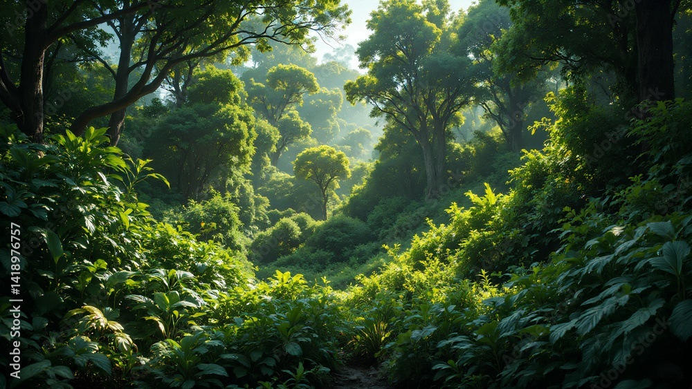 Obraz premium Lush Green Forest Landscape Surrounded by Dense Foliage and Trees
