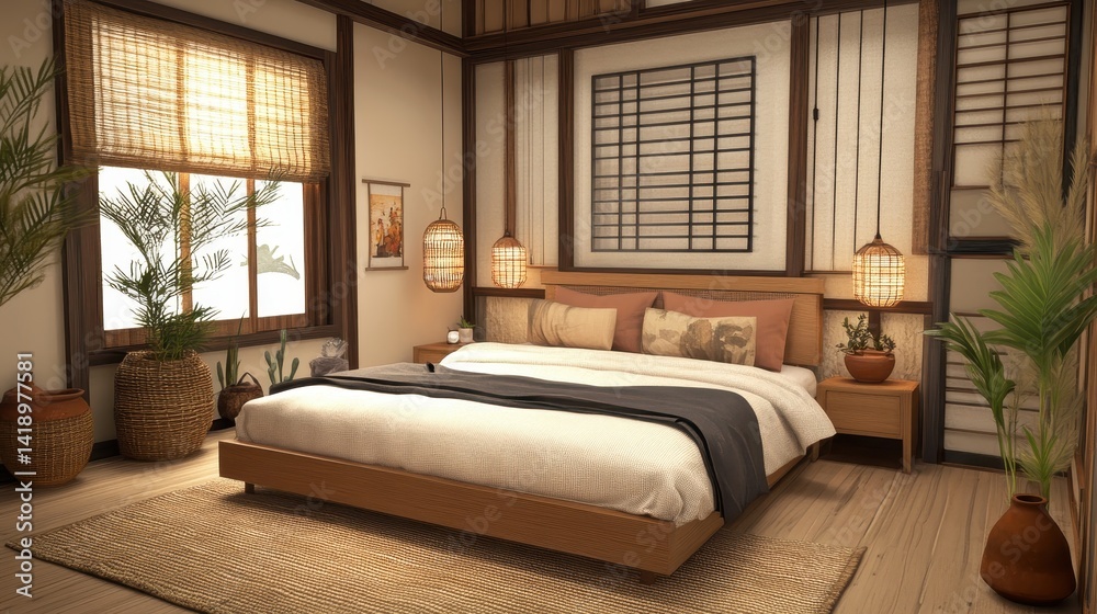 Obraz premium Bright and elegant bedroom decorated in japanese inspired style