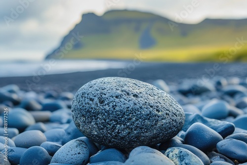 A smooth, black rock sits on a pebbly beach with a distant mountain in the background