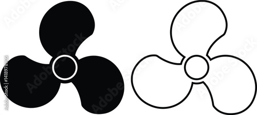 Fan propeller flat, outline icons set. Turbine airflow rotating symbols, Industrial ventilator heating cooling signs, Ship marine engine screw, Nautical aviation isolated on transparent background.