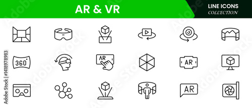 Augmented Reality icon element sets. Includes Virtual Reality, View, Cctv, Headphone, and More. Outline icons vector collection.