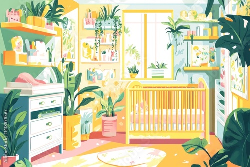 Sunny nursery with crib, plants, and changing table.