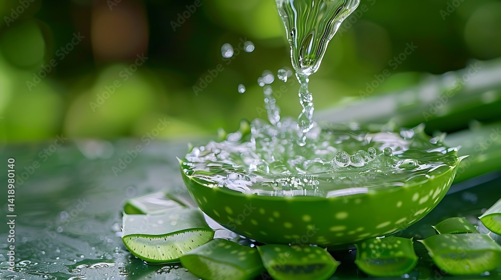 Refreshing Aloe Vera Gel in Bowl with Water Splash and Green Leaves in Background