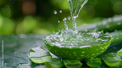 Refreshing Aloe Vera Gel in Bowl with Water Splash and Green Leaves in Background