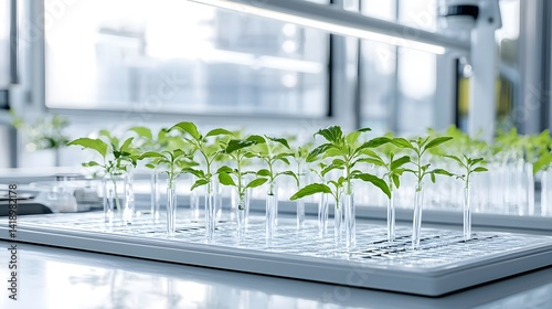 Closeup of premium herbal botanical extract in a modern clean scientific laboratory setting with glass equipment and natural plant ingredients