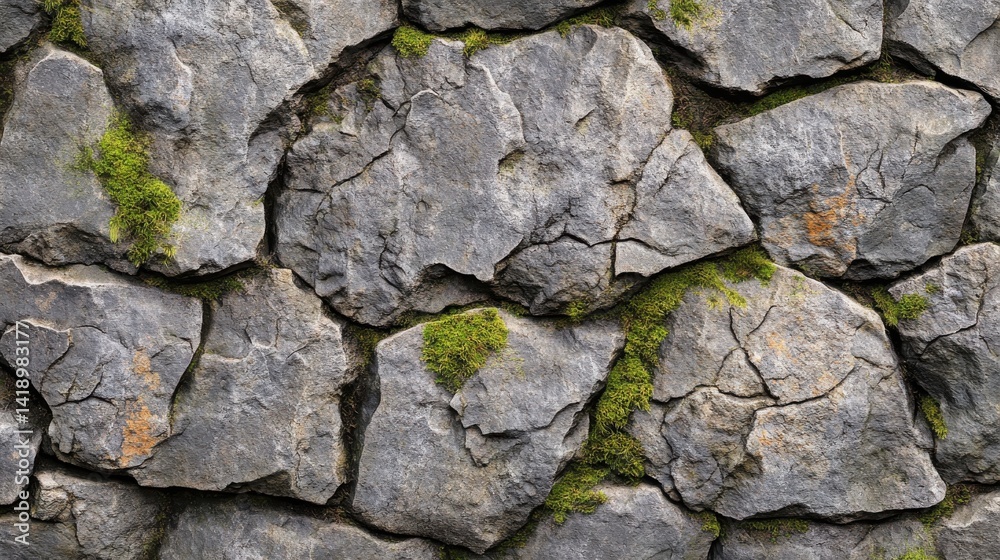 Textured stone wall with moss, showcasing natural patterns and colors Textured stone wall with moss, showcasing natural patterns and colors