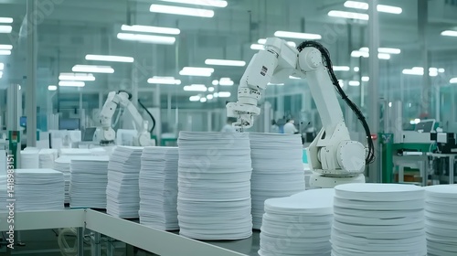 Highly precise robotic arm effortlessly sorting and stacking reams of paper with remarkable efficiency in an organized industrial or office workspace setting