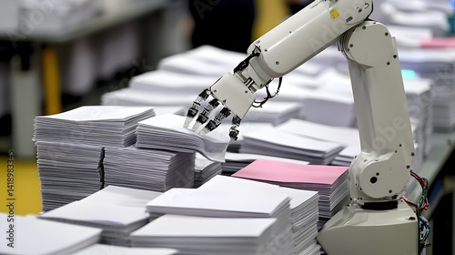 Robotic Arm Meticulously Sorting and Stacking Reams of Paper Optimizing Workflow and Productivity in the Modern Office Environment
