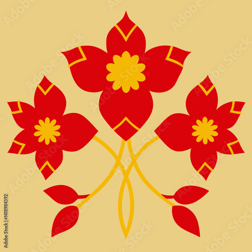 Embroidery with Red and Yellow Flowers