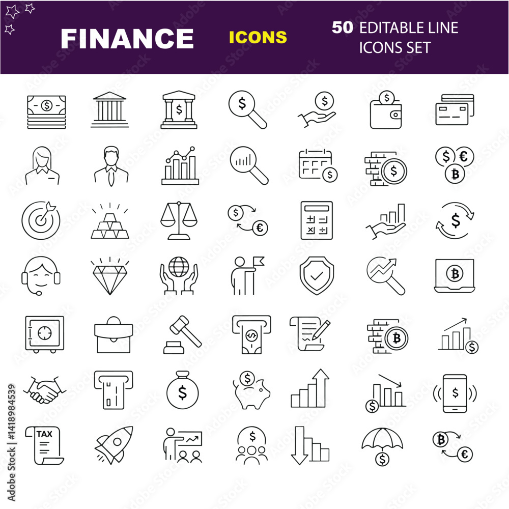 Finance outline icons with editable stroke collection. Includes Money, Bank, Savings, Global Business, Tax, and More. Finance outline icons with editable stroke collection. Includes Money, Bank, Savings, Global Business, Tax, and More.