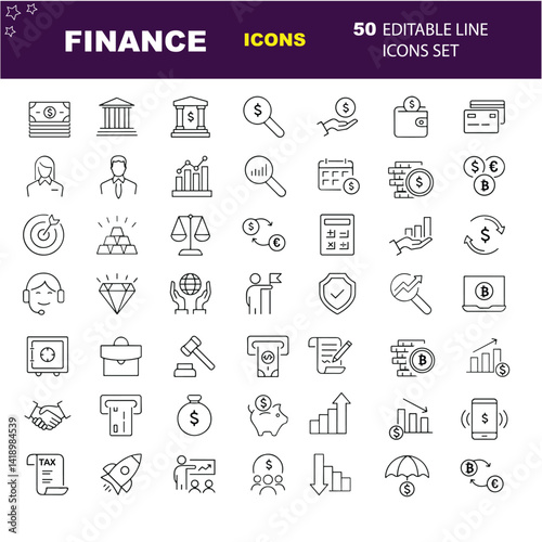 Finance outline icons with editable stroke collection. Includes Money, Bank, Savings, Global Business, Tax, and More.