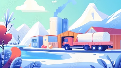 Winter landscape with factory, truck, and snowy mountains.