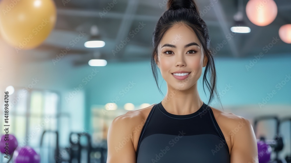 Fototapeta premium Fitness Portrait: An attractive individual smiles warmly in a well-lit gym environment, embodying health, strength, and a positive attitude.