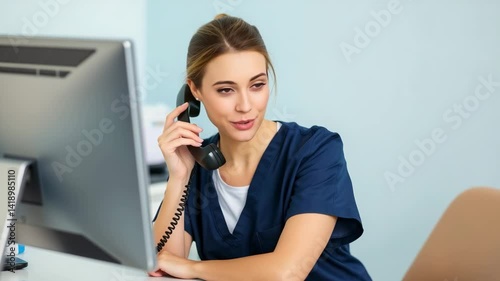 Young woman receptionist in blue scrubs answers a call while checking a computer monitor at a bright clinic reception desk