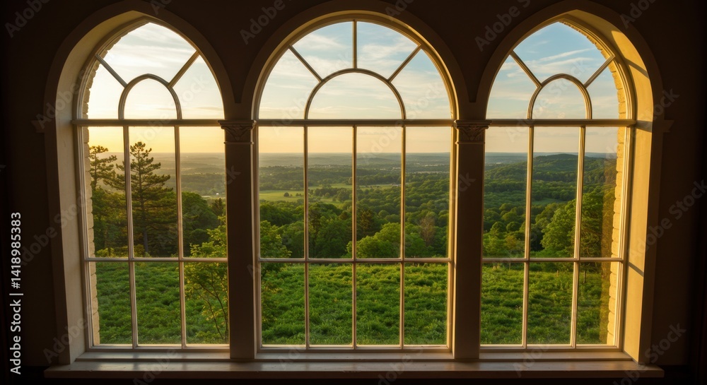Golden Hour View Through Arch Windows Golden Hour View Through Arch Windows