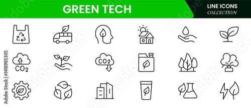 Green Tech & Sustainability vector icons for sustainability, solar, wind, clean power, green tech, net-zero, and eco solutions