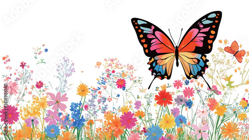 The image shows a detailed depiction of a butterfly with brightly colored wings, mainly in orange, pink and blue, perched among wildflowers.
