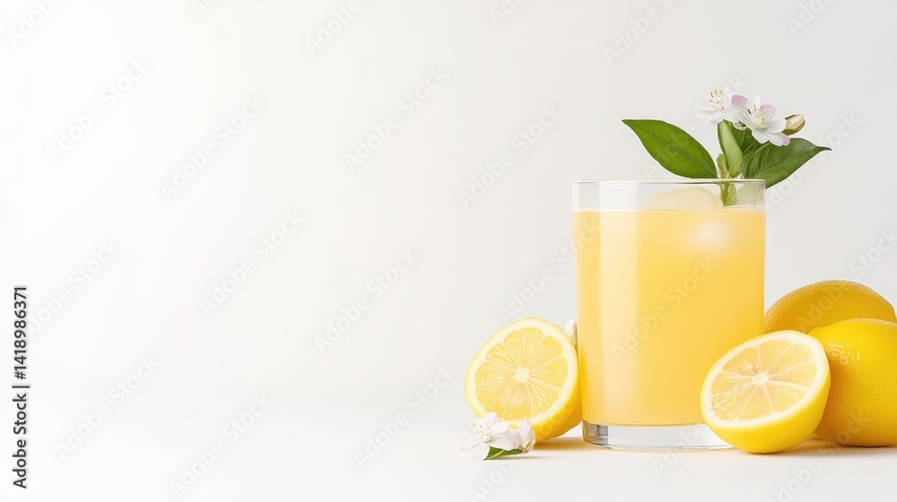 Fototapeta premium Refreshing lemon drink with ice and flowers