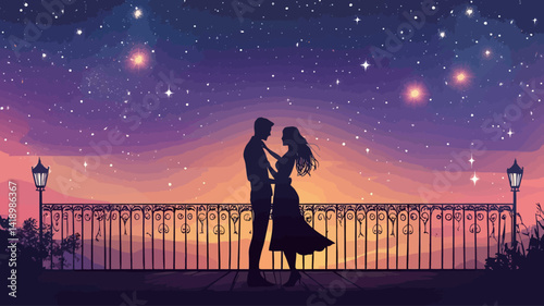 The work is a stylized digital painting of a silhouetted couple embracing on a balcony overlooking a tranquil waterscape beneath a starlit night sky.