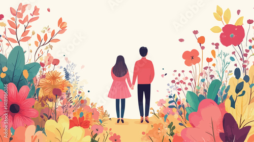 This stylized illustration depicts a couple from behind, holding hands as they walk along a sunlit path lined with a dense row of brightly colored stylized flowers.