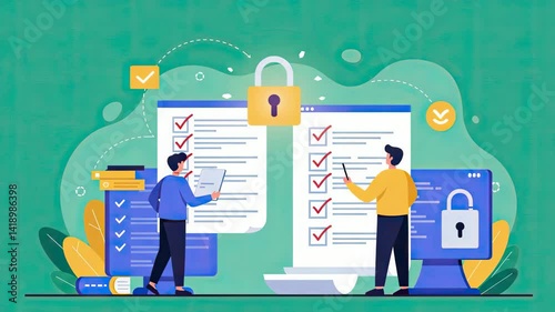 Cartoon flat-style characters working as a team to manage data protection and cyber security