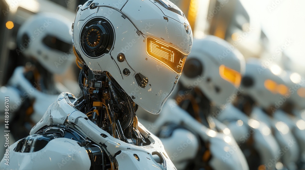 Fototapeta premium Futuristic white robots in a lined formation.
