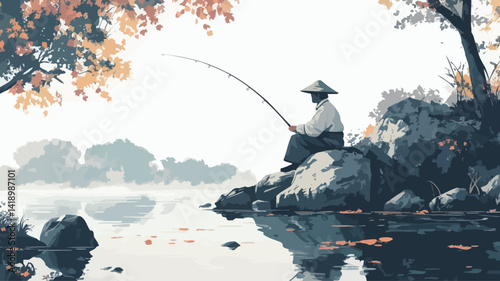 This digital illustration depicts a minimalist scene of a lone fisherman sitting on a rock by calm water. The color palette is muted, with blues and greys dotted with details.