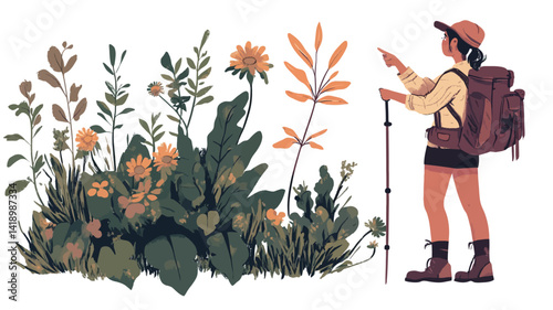 Illustration showing a stylized female botanist, rendered in a vector art style with flat colors, wearing a backpack and hiking boots. She is holding a trekking pole and pointing in a direction.