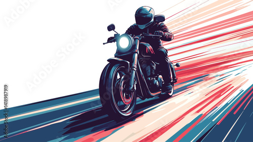 stylized vector illustration of a motorcyclist on the move. The image is composed in motion with noticeable motion blur.