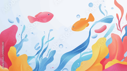 A digital illustration shows a bizarre underwater scene. Two stylized fish, one pink and one orange, swim among an abstract coral reef.